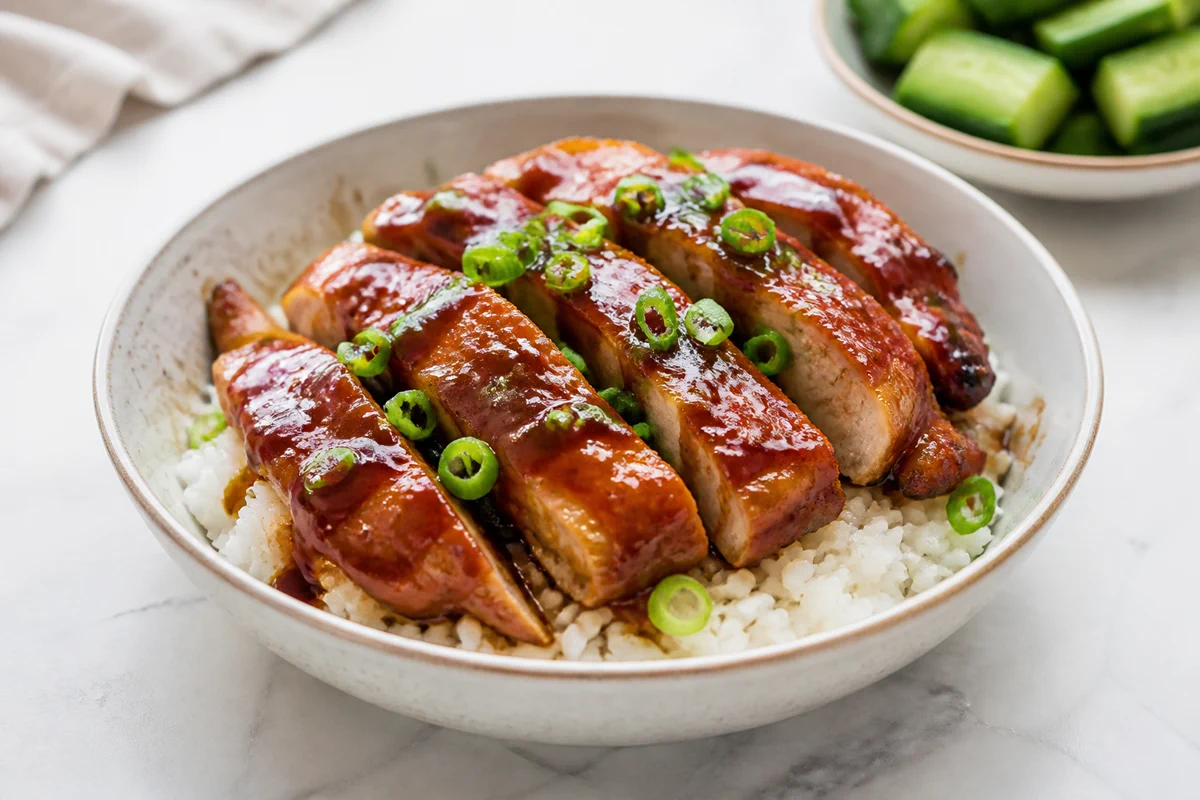 Soy sauce chicken thighs sliced over rice with glossy sauce and green onion