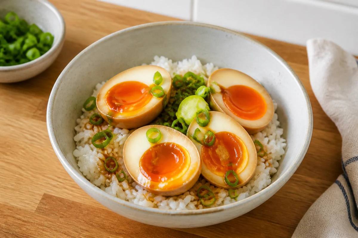 Soy sauce eggs with jammy yolks, rice, green onion, and soy marinade