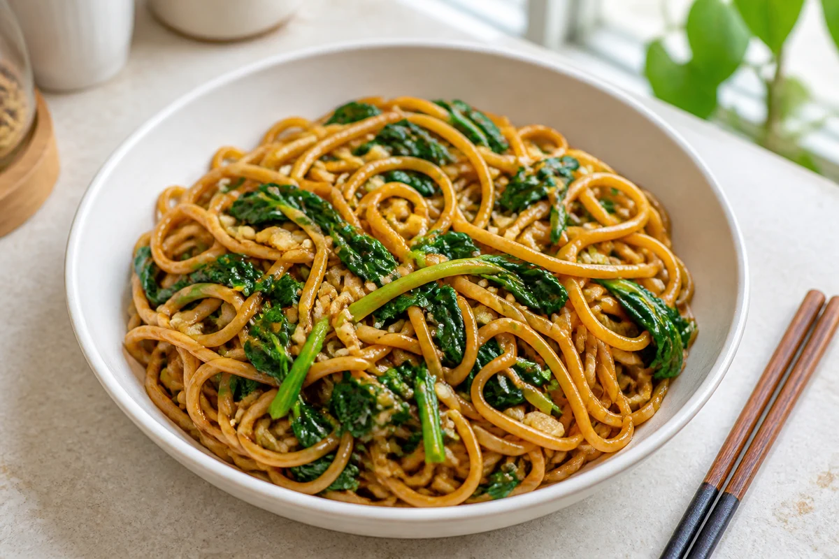 Spinach garlic noodles with glossy soy garlic sauce in a bright home kitchen