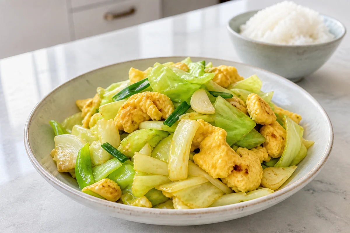 Stir-fried cabbage with soft scrambled egg, garlic, and green onion in a shallow bowl