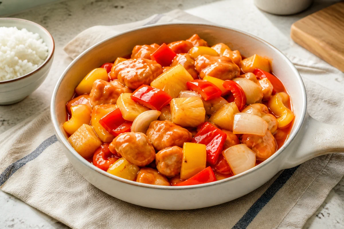 Sweet and sour chicken skillet with bell peppers, pineapple, onion, and rice
