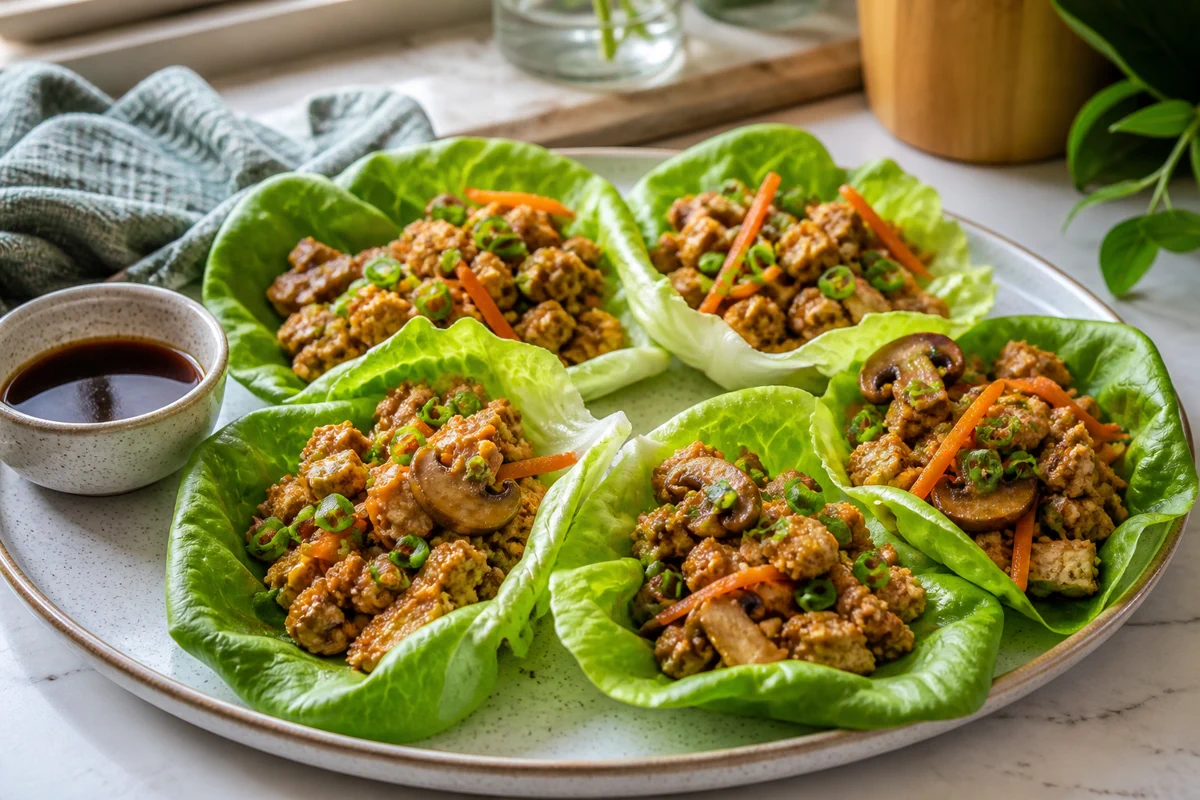 Tofu lettuce cups filled with browned tofu, mushrooms, carrot, and green onion