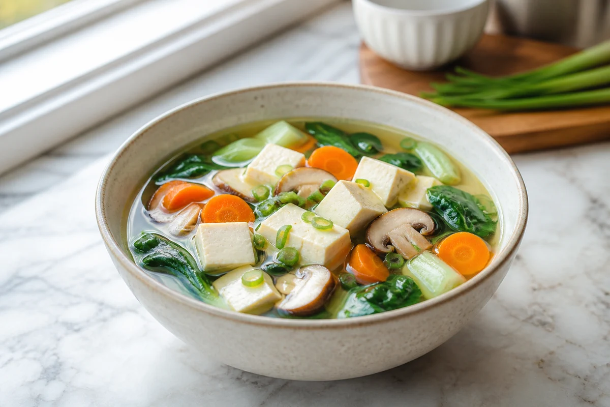 Tofu vegetable soup with mushrooms, carrot, greens, and clear broth