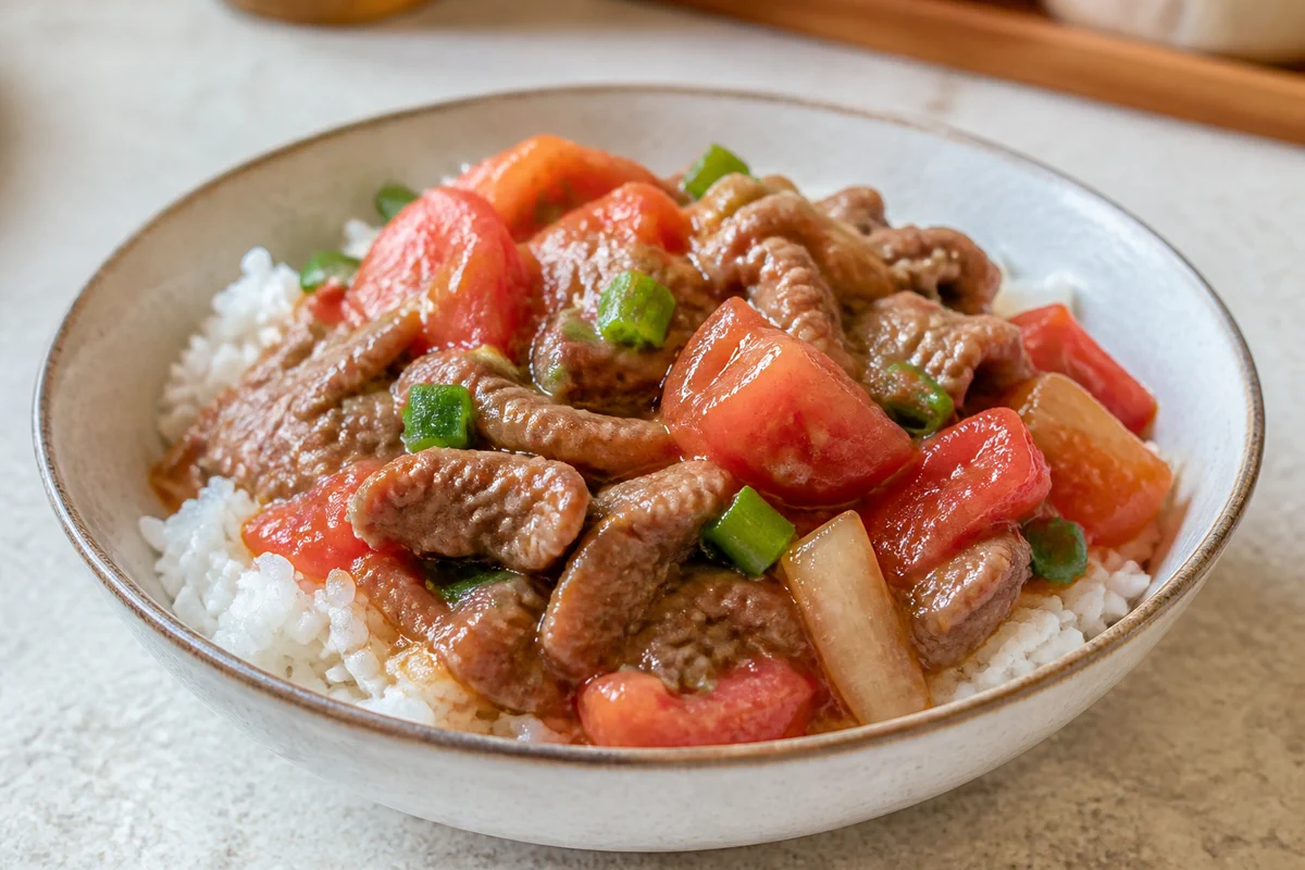 Tomato beef rice bowl with tender beef slices, saucy tomatoes, green onion, and steamed rice