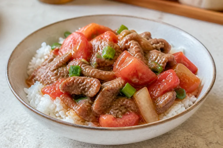 Tomato beef rice bowl with tender beef slices, saucy tomatoes, green onion, and steamed rice