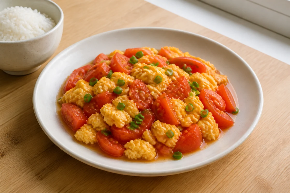 Tomato egg stir-fry with rice on a bright home kitchen counter