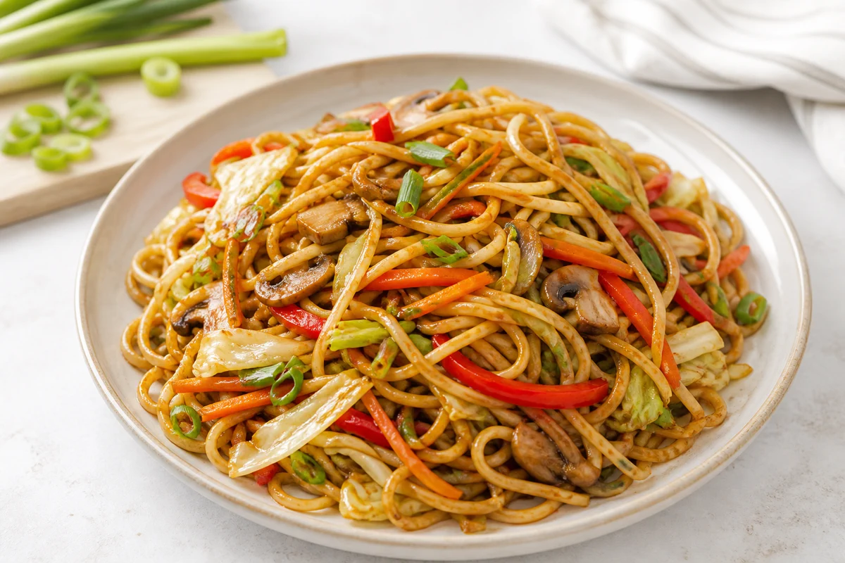 Vegetable lo mein with noodles, cabbage, carrot, bell pepper, mushrooms, and green onion