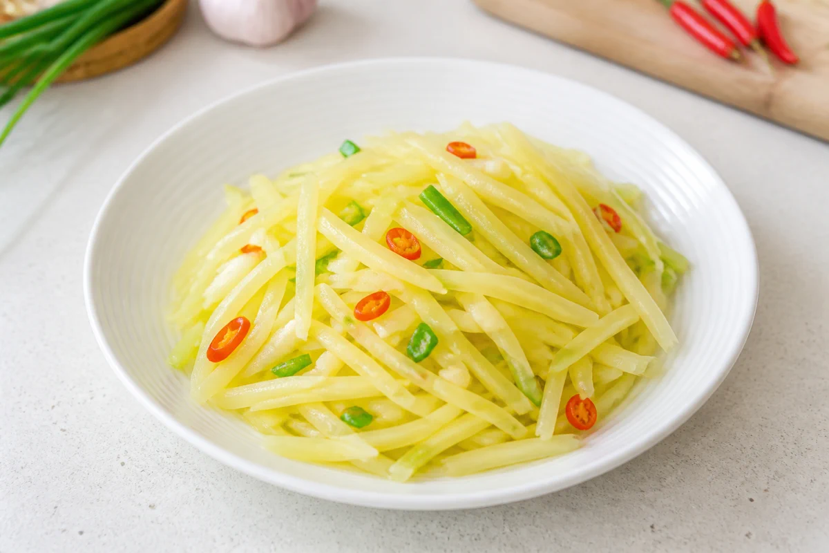Vinegar potato shreds with green onion and mild chili slices