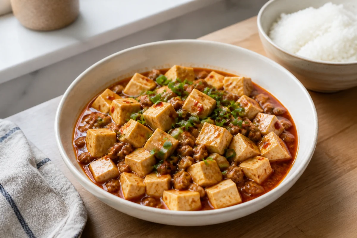 Weeknight mapo tofu with tofu cubes, red sauce, pork, green onion, and rice