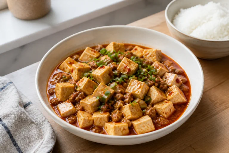 Weeknight mapo tofu with tofu cubes, red sauce, pork, green onion, and rice