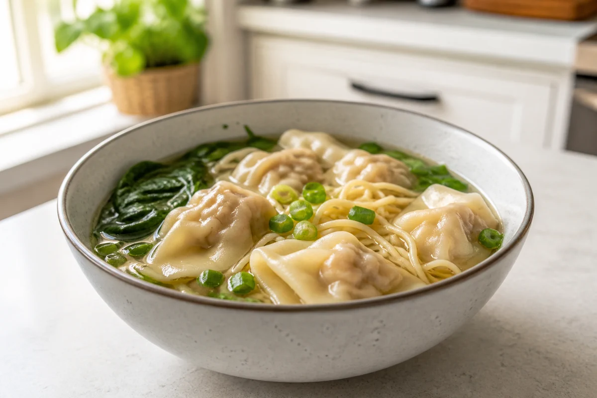 Wonton noodle soup with spinach, green onion, clear broth, and thin noodles
